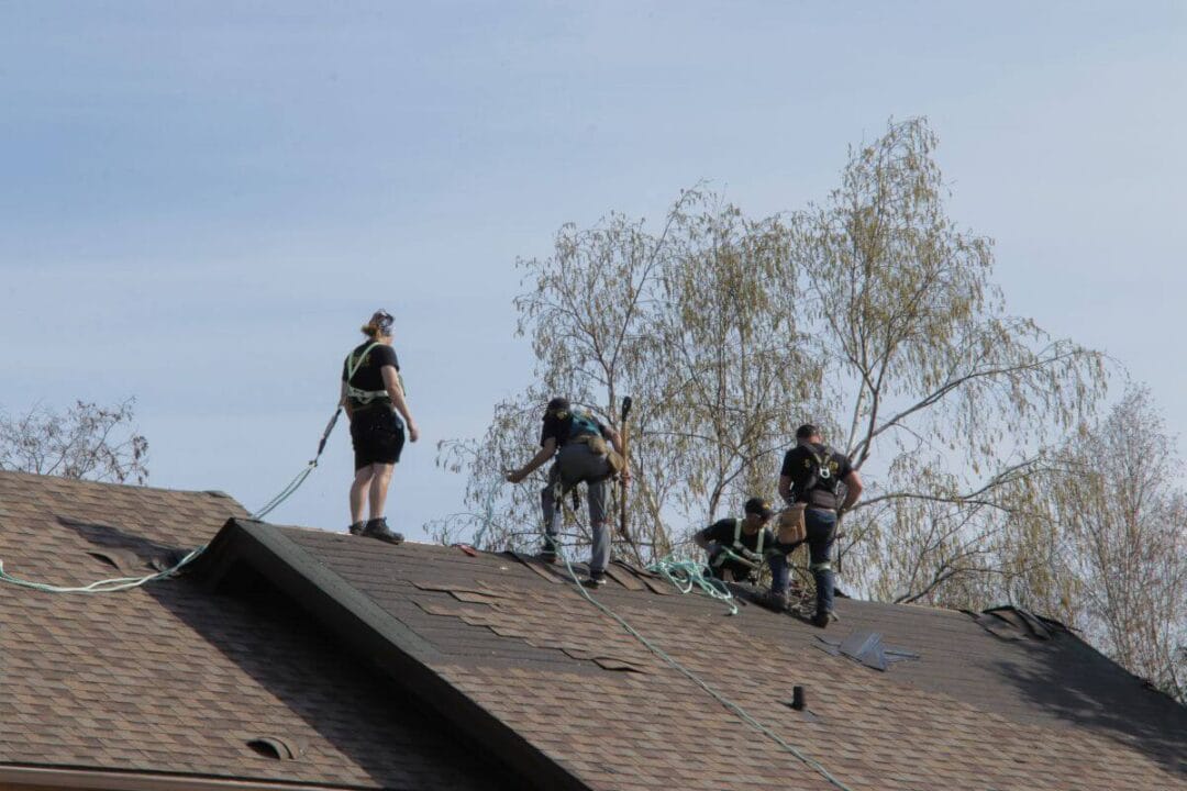 roofing contractors near you on the roof of a home in Orangeville